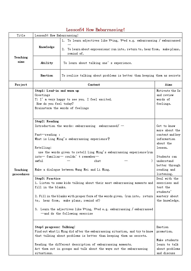 九年级英语下册 Unit 9 Lesson 54 How Embarrassing!教学设计 （新版）冀教版第1页