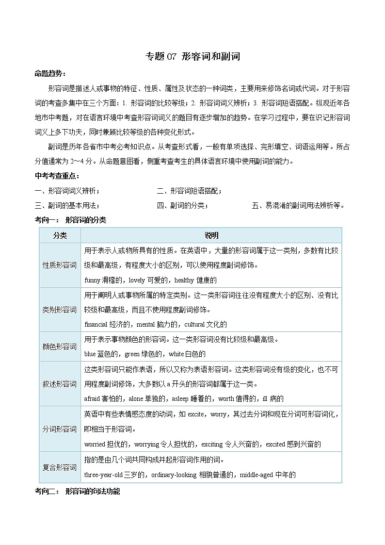 备战2021年中考英语专项知识 考点07 形容词和副词 试卷练习01