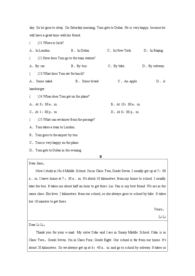 人教版七年级英语下册 Unit 3 单元测试卷03