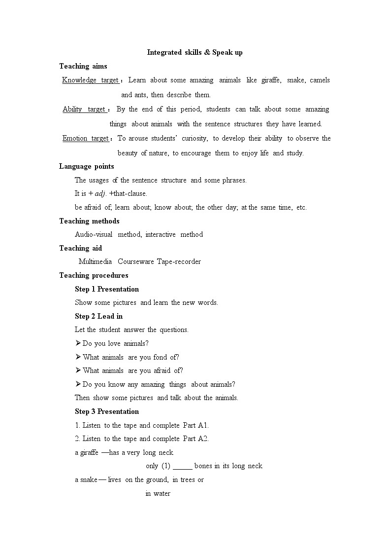 牛津译林版英语七年级下册unit5 Integrated skills and speak up教案01