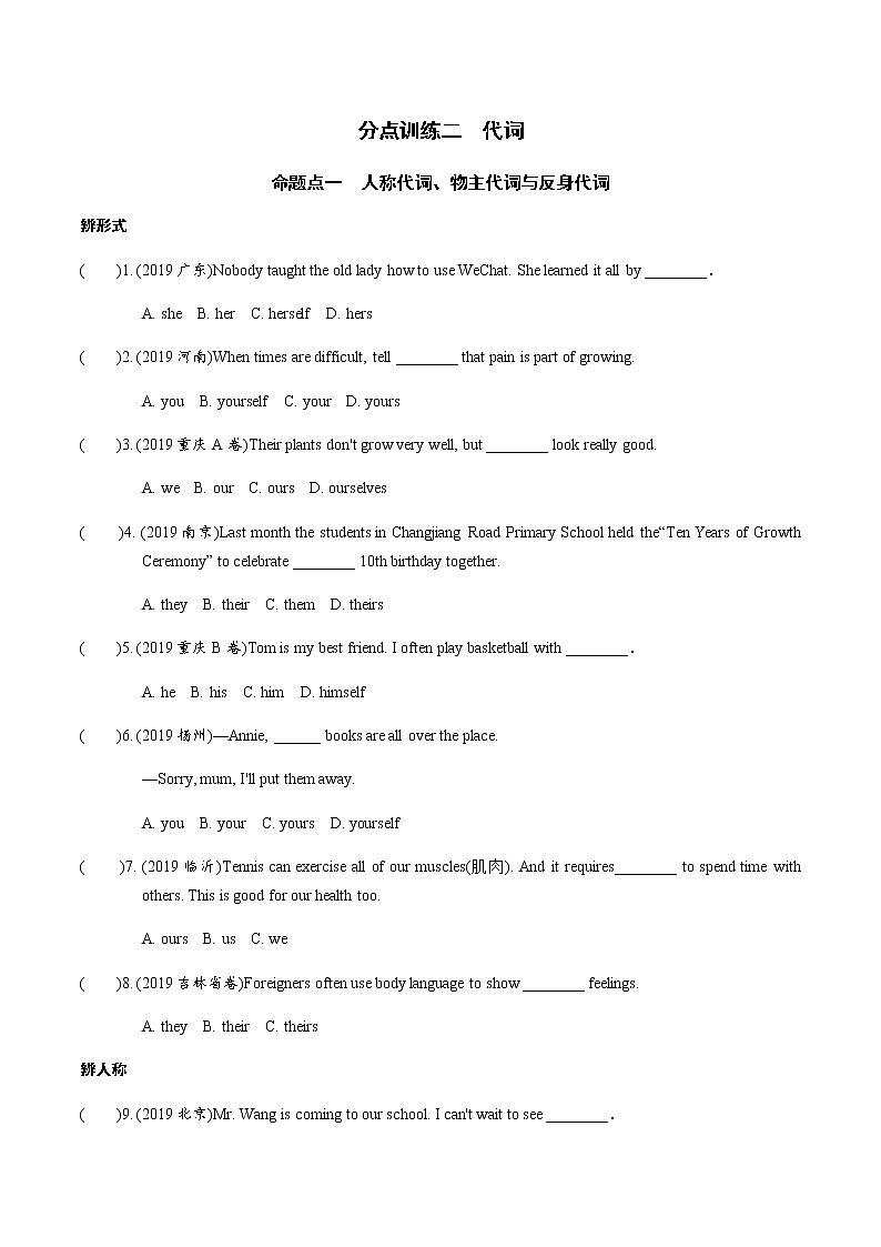 中考英语专题练习  分点训练二　代词（含解析）01