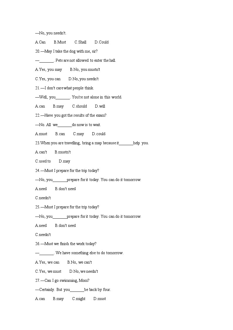 2021年中考英语复习08考点情态动词（含解析通用版） 试卷03