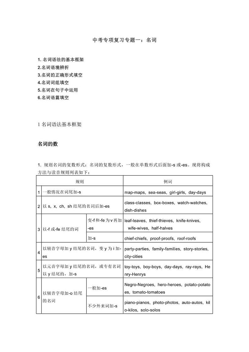 中考专项复习专题一：名词01