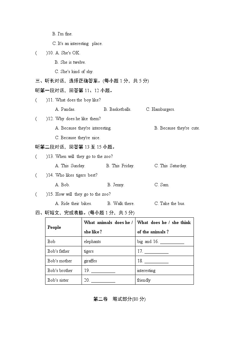 人教新目标2020--2021学年七年级英语下册 Unit 5 Why do you like pandas？单元测试卷2(含听力）02