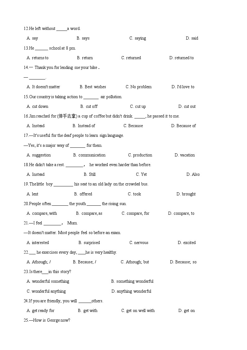 人教版2020-2021 八年级英语下册 Unit 4 单项选择专题训练（含答案）02