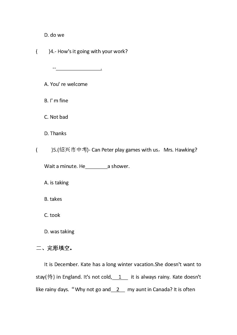 人教新目标七年级下册英语课课练 Unit7 It`s raining! Self Check02