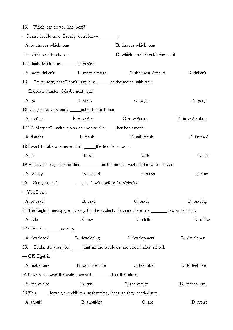 人教版2020-2021学年 八年级英语下册 Unit 3 单项选择练习（含答案）02
