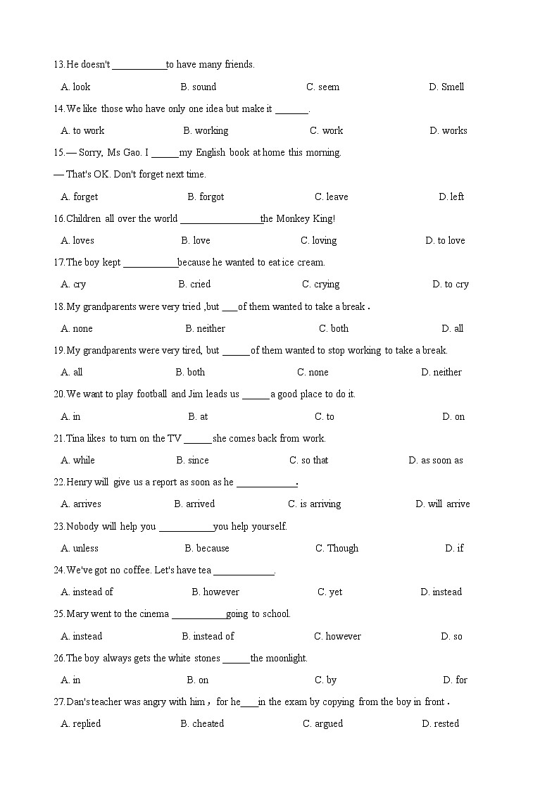 人教版2020-2021学年八年级英语下册 Unit 6 单项选择训练（含答案）第2页