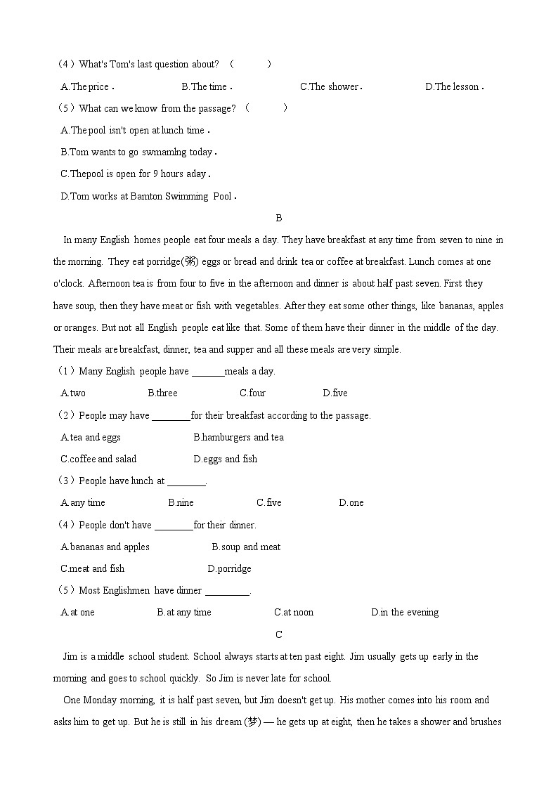人教版2020-2021学年 七年级英语下册 Unit 2  阅读理解专题训练（含答案）第2页