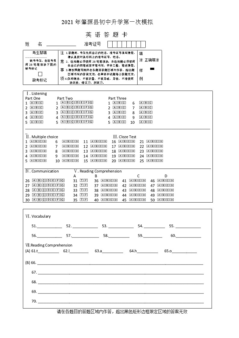 2021一模英语答题卡第1页