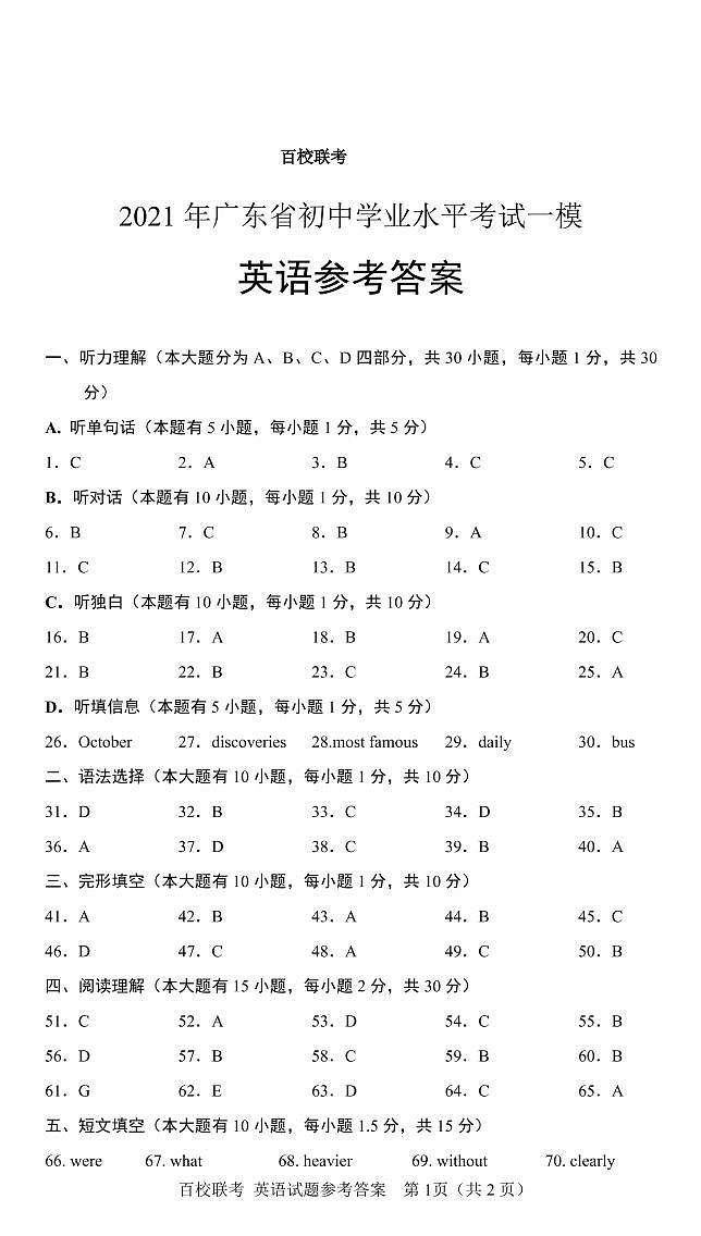 2021年广东省中考百校联考一模英语试题（PDF版，有答案+含听力材料+音频）01