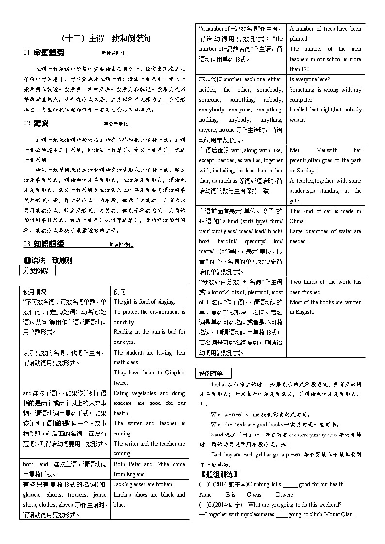 【13】中考英语专项复习 主谓一致和倒装句第1页