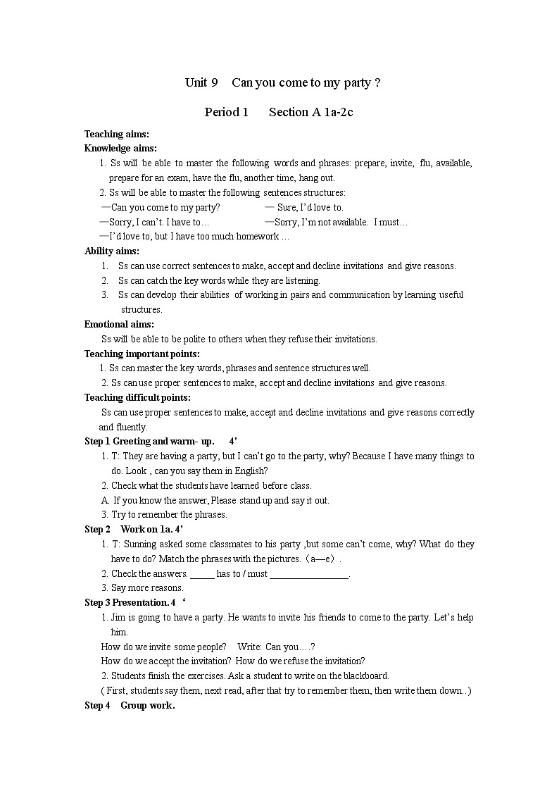 人教版英语八年级上unit 9 Can you come to my party 全单元教案  （5课时）01