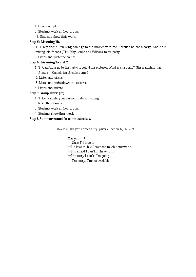 人教版英语八年级上unit 9 Can you come to my party 全单元教案  （5课时）02