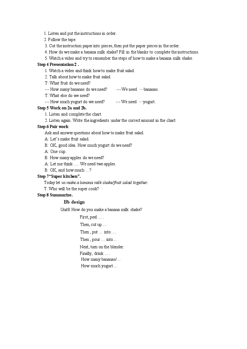 人教版英语八年级上Unit 8 How do you make a banana milk shake 全单元教案  （5课时）02