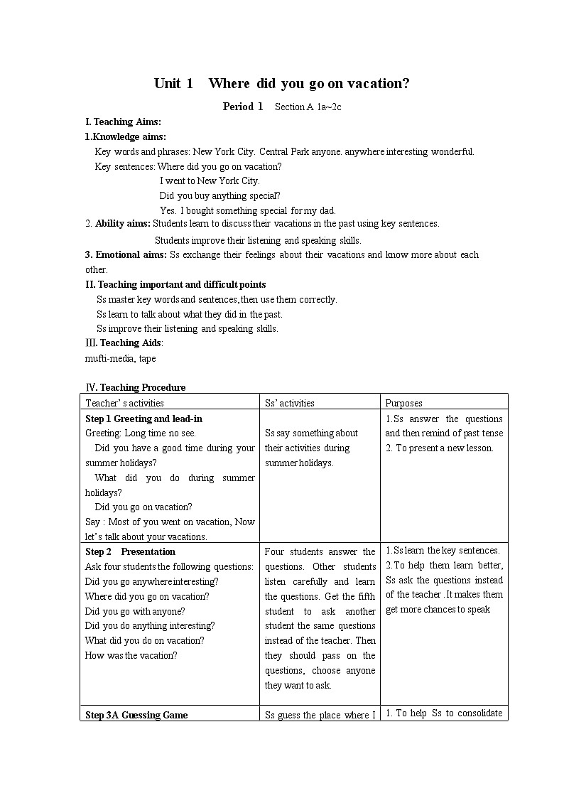 人教版英语八年级上Unit 1 Where did you go on vacation全单元教案  （5课时）02