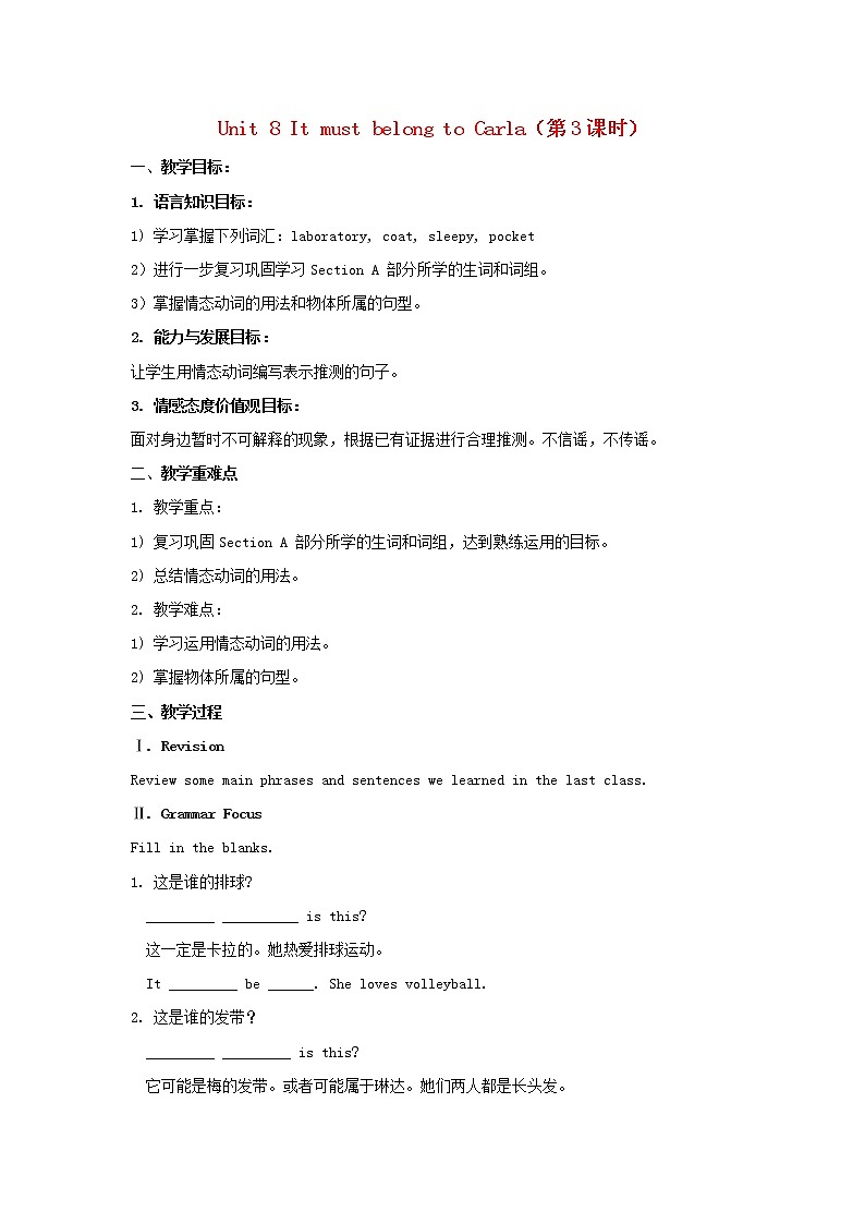 九年级英语全册 Unit 8 It must belong to Carla（第3课时）教案 （新版）人教新目标版01