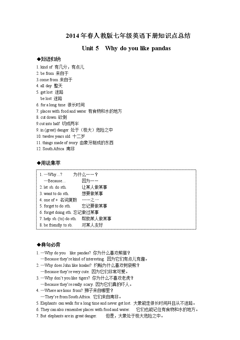 人教版七年级英语下册知识点总结：Unit 5  Why do you like pandas01