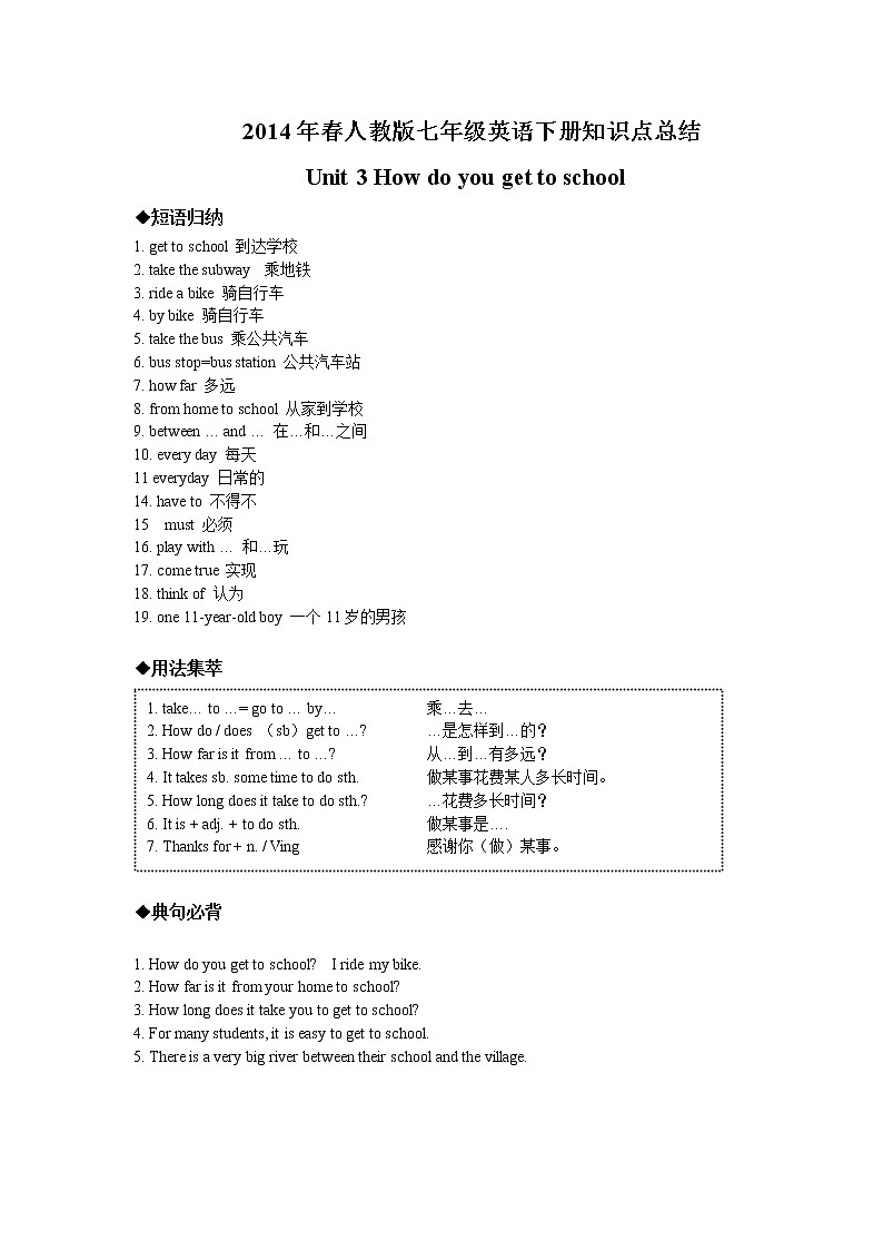 人教版七年级英语下册知识点总结：Unit 3 How do you get to school第1页