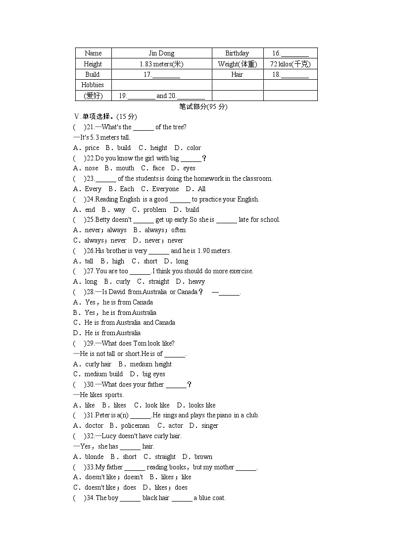 人教新目标七年级英语下册单元测试题 Unit 9　What does he look like02
