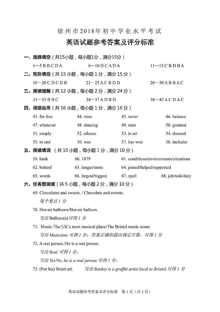 2018年江苏省徐州市中考英语参考答案第1页