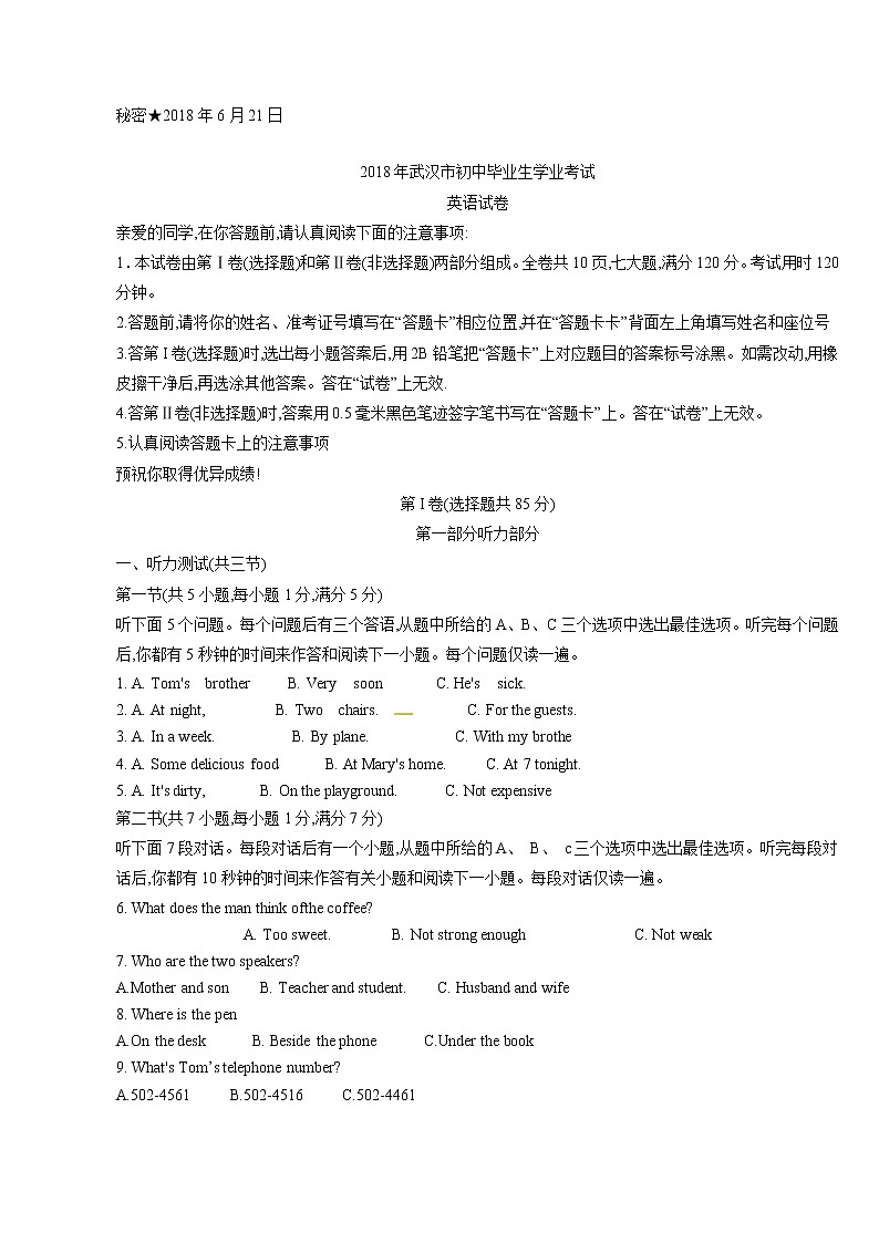 湖北省武汉市2018年中考英语试题（word版，含解析）第1页