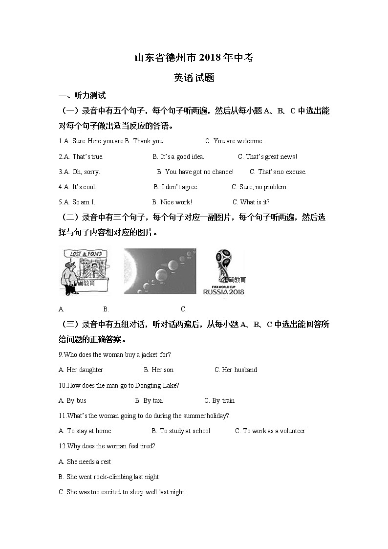 山东德州市2018年中考英语试题（word版含解析）第1页