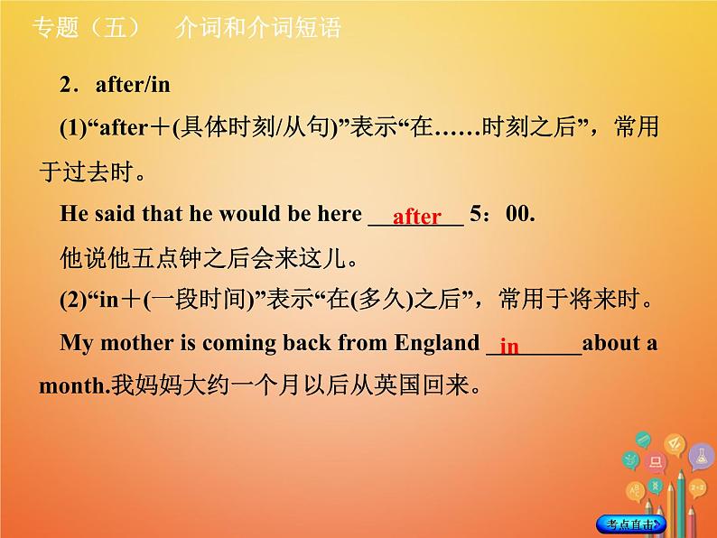 湖南省2018年中考英语总复习第二部分语法点击专题（五）介词和介词短语课件人教新目标版05