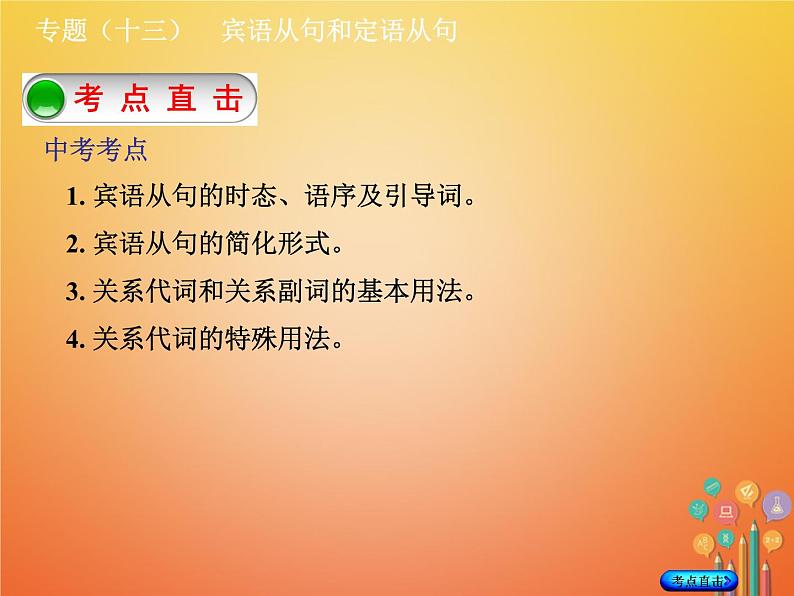 湖南省2018年中考英语总复习第二部分语法点击专题（十三）宾语从句和定语从句课件人教新目标版02