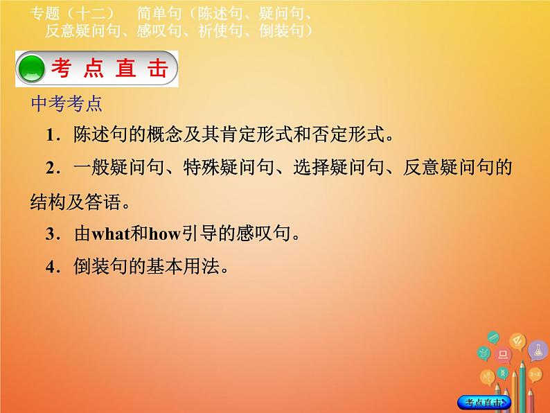 湖南省2018年中考英语总复习第二部分语法点击专题（十二）简单句（陈述句、疑问句、反意疑问句、感叹句、祈使句、倒装句）课件人教新目标版02