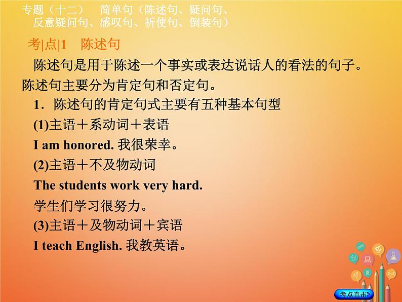 湖南省2018年中考英语总复习第二部分语法点击专题（十二）简单句（陈述句、疑问句、反意疑问句、感叹句、祈使句、倒装句）课件人教新目标版03