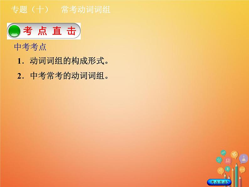 湖南省2018年中考英语总复习第二部分语法点击专题（十）常考动词词组课件人教新目标版02