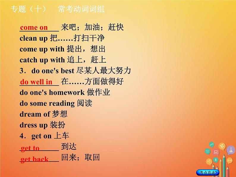 湖南省2018年中考英语总复习第二部分语法点击专题（十）常考动词词组课件人教新目标版06