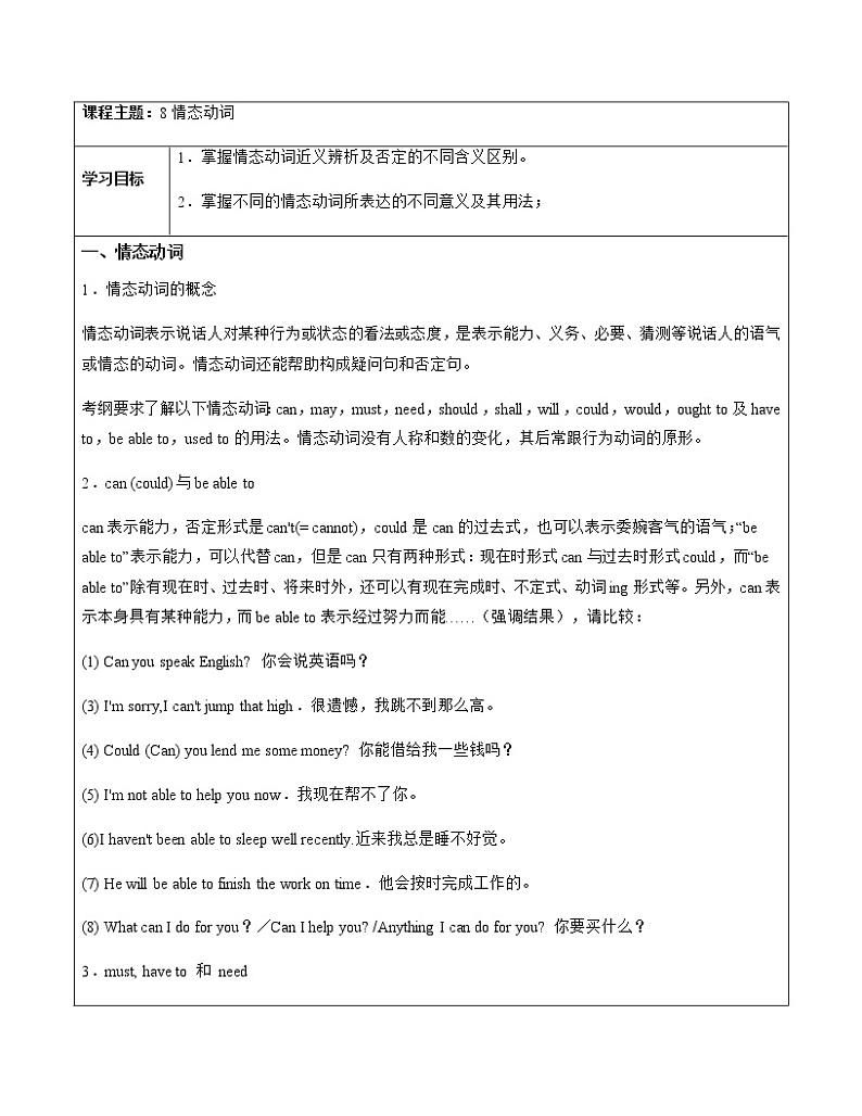 【尖子生暑假拔高】初中英语专题讲义：8情态动词（教师版+学生版）01