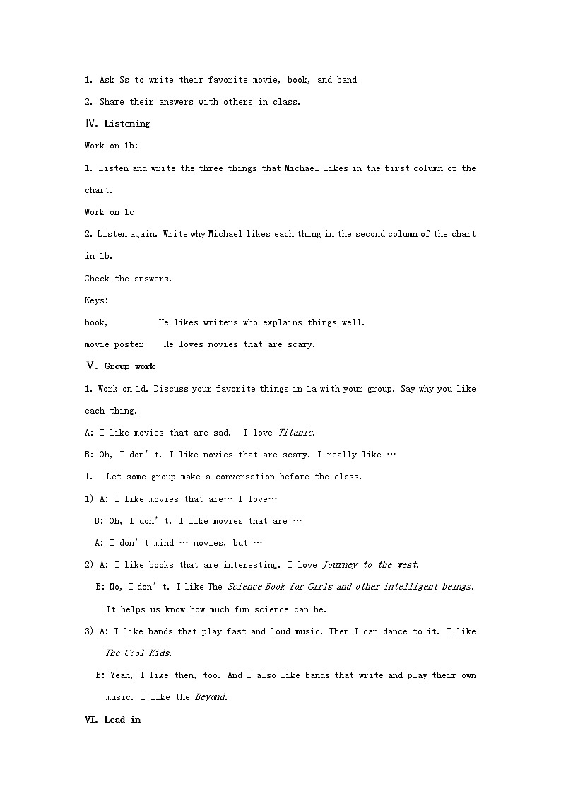 Unit 9 I like music that I can dance to（第4课时）教案 （新版）人教新目标版03