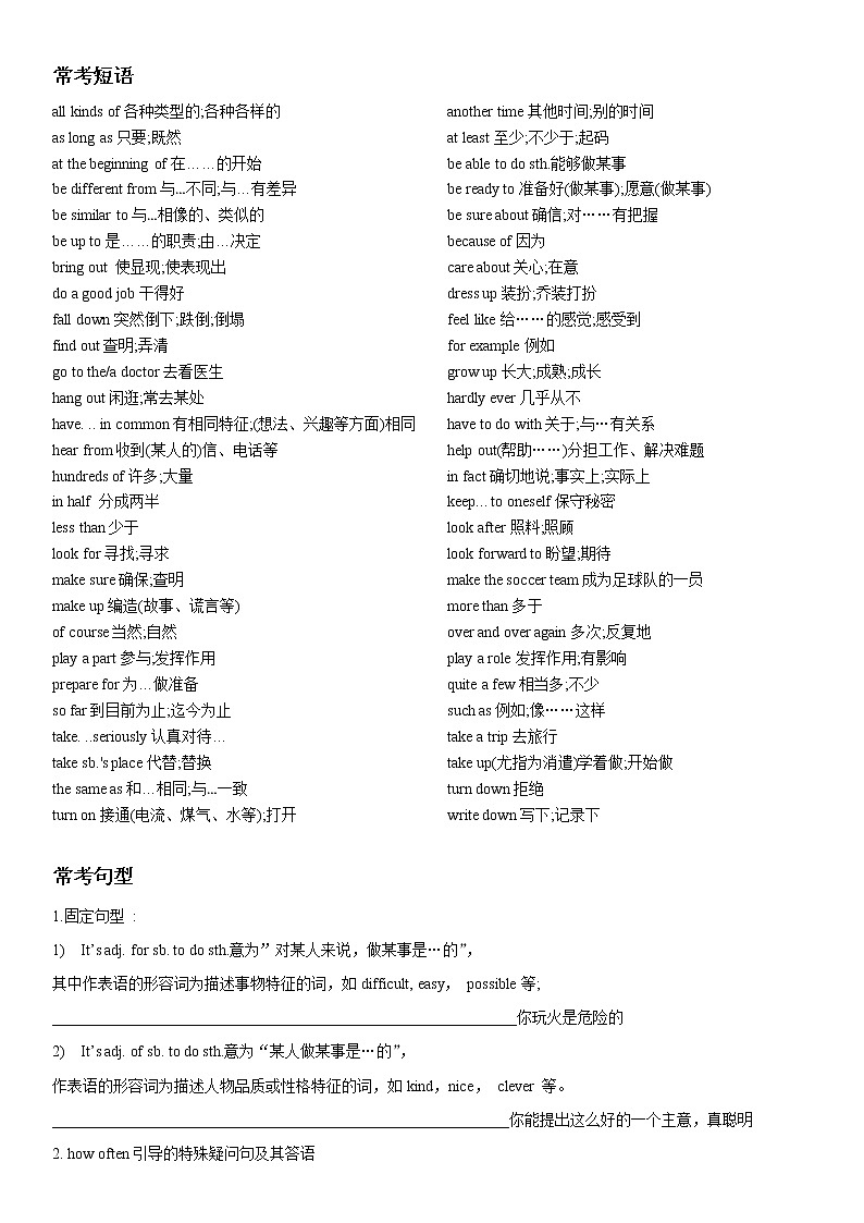 人教版初中英语八年级上册 常考短语 和重点句型   复习用背与练  归纳2第1页