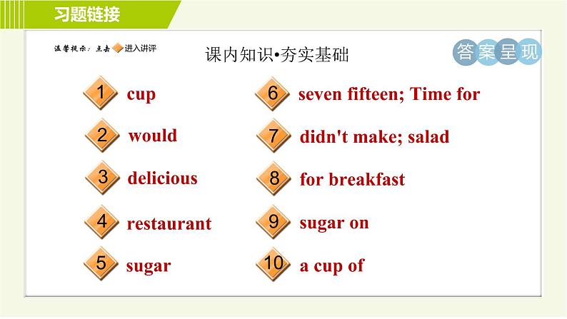 冀教版七年级上册英语习题课件 Unit4 Lesson 19 Time for Breakfast!02