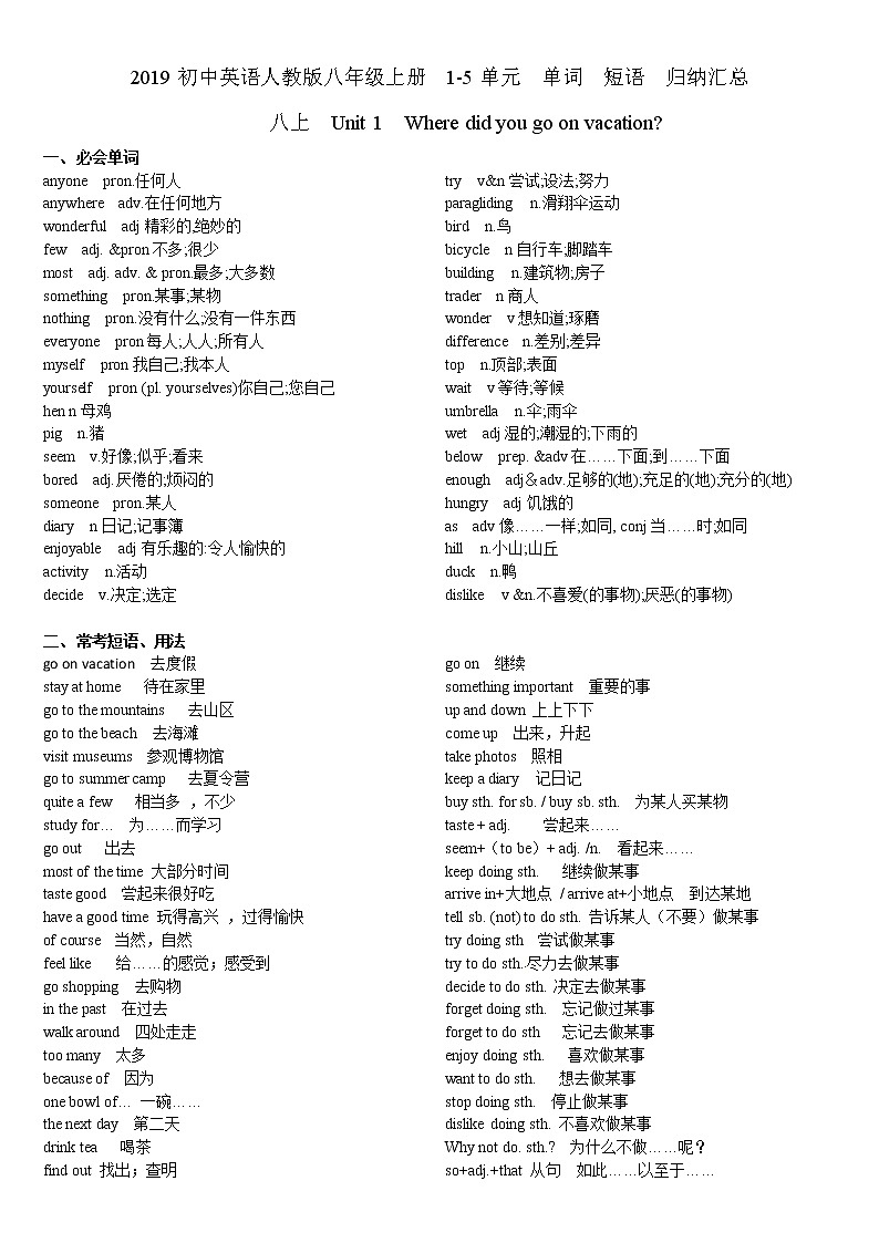 2019初中英语人教版八年级上册  1-5单元  单词  短语  归纳汇总 练习01