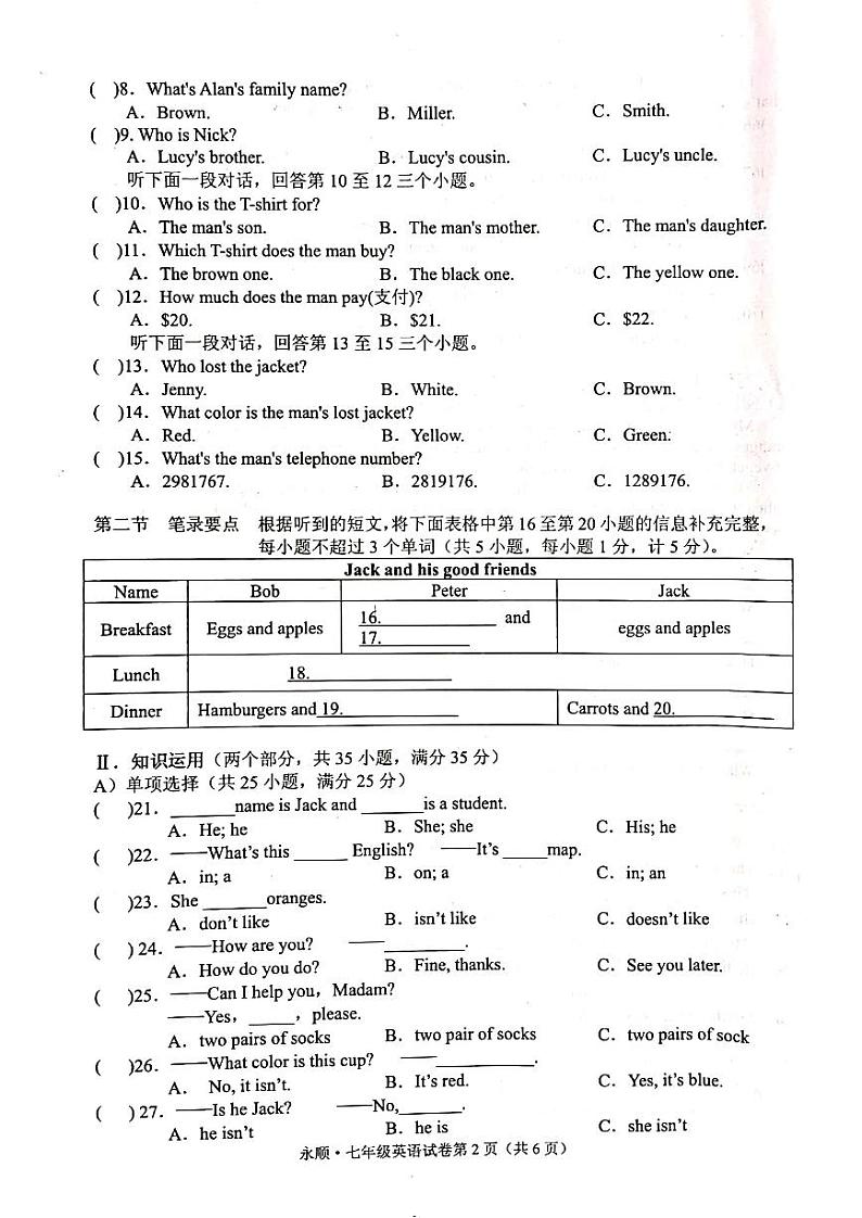 人教版英语七年级上册期末考试卷（A4排版）（无答案）第2页