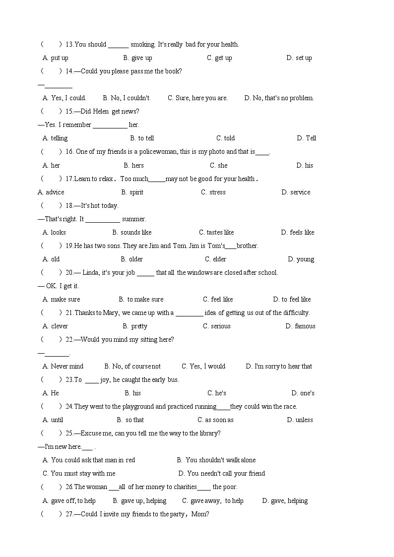人教新目标英语2020-2021学年八年级下册Unit1-Unit5 单项选择期末复习专项练习题（含答案）02