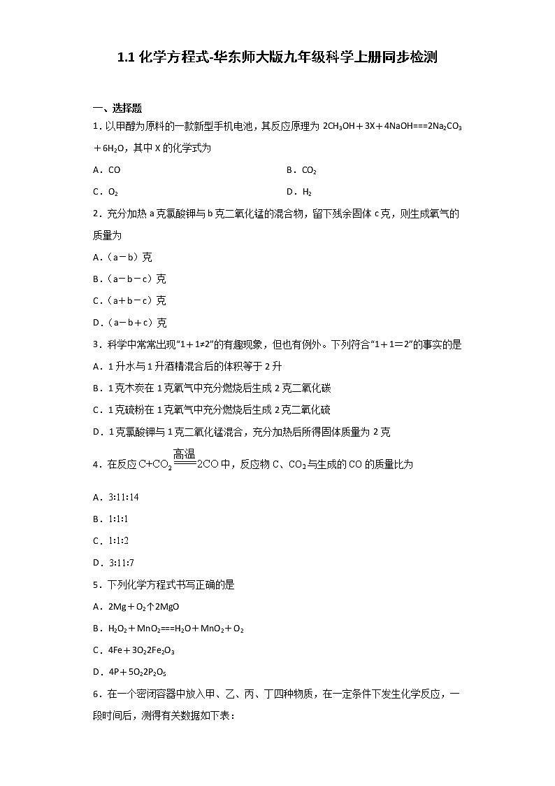 华师大版科学九年级上册 1.1 化学方程式 同步检测（含解析）01