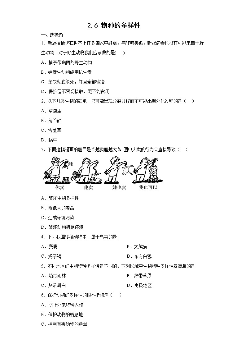 2.6 物种的多样性 练习题-2021—2022学年浙教版七年级上学期科学01