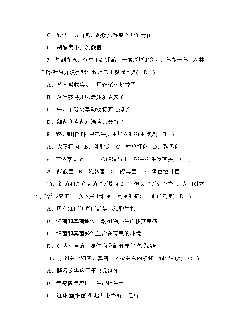 (华东师大版）2020年七年级上科学 3 细菌和真菌（含答案） 试卷02