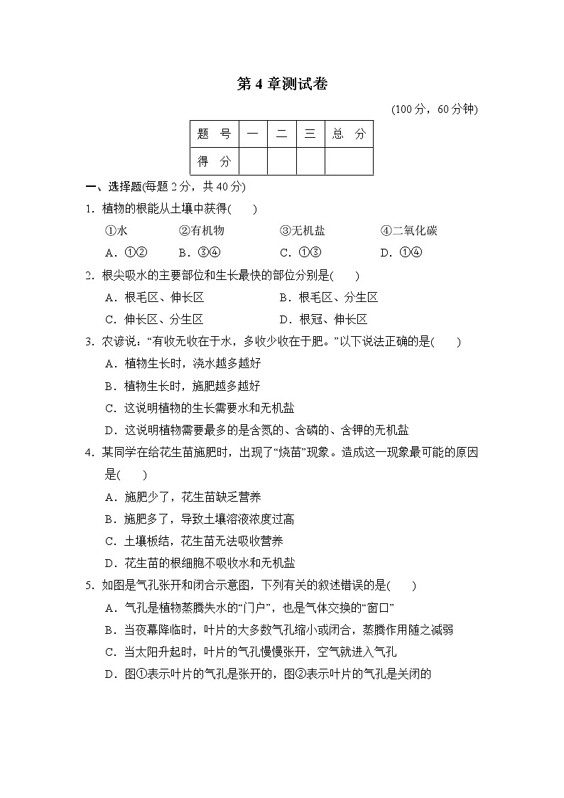 华师版八年级上册科学 第4章 测试卷01