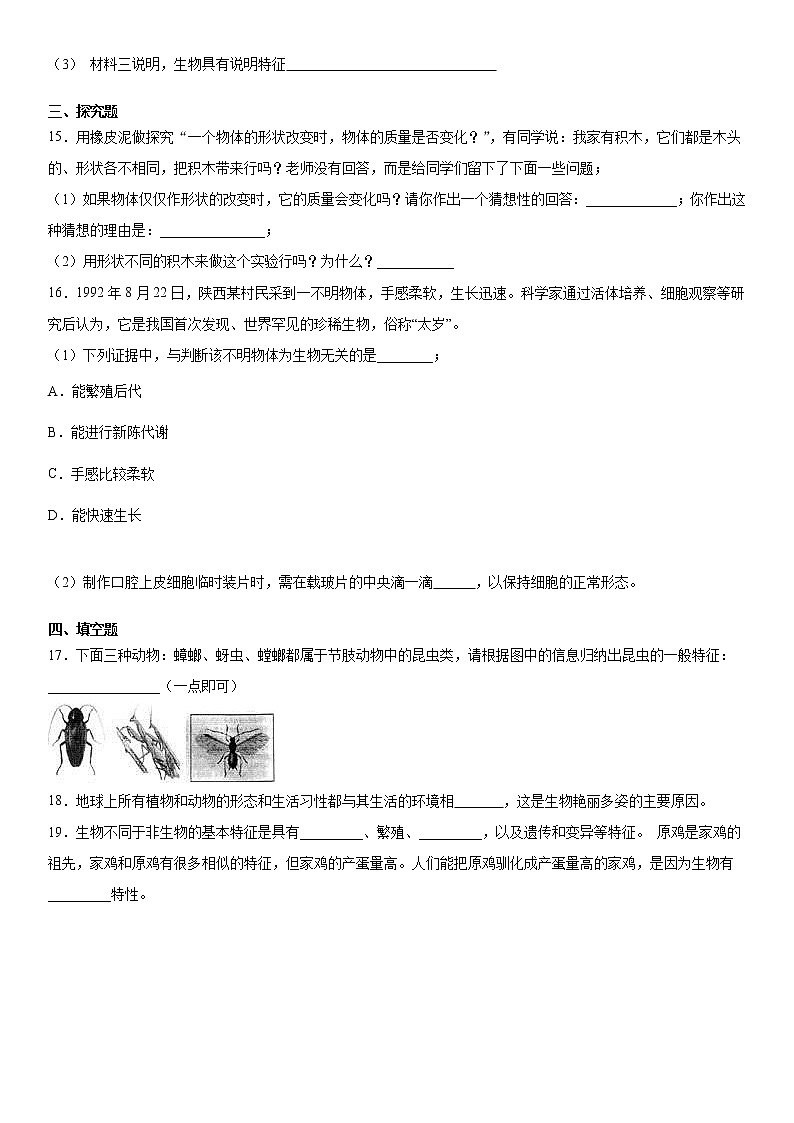 第一章地球上的生物  综合练习（一）2021-2022学年华师大版科学七年级上第3页