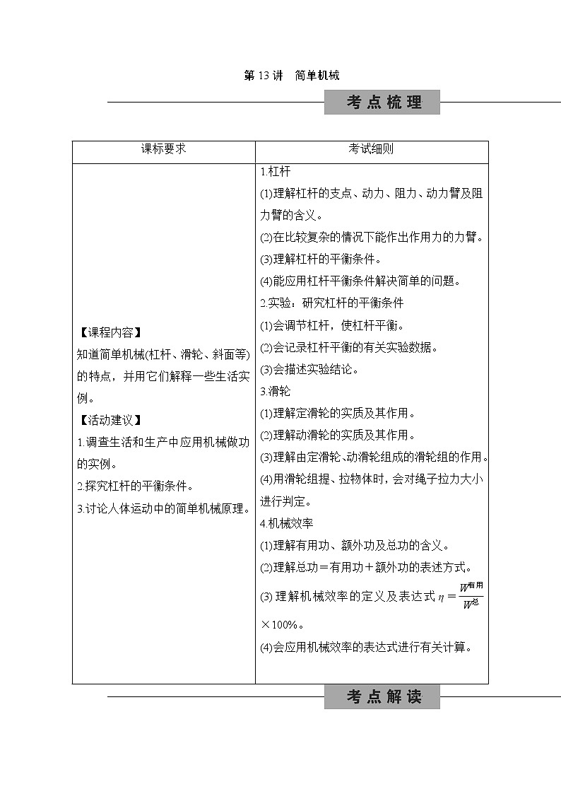 备战2022 中考科学 一轮复习 第4部分 第13讲　简单机械—讲解部分第1页