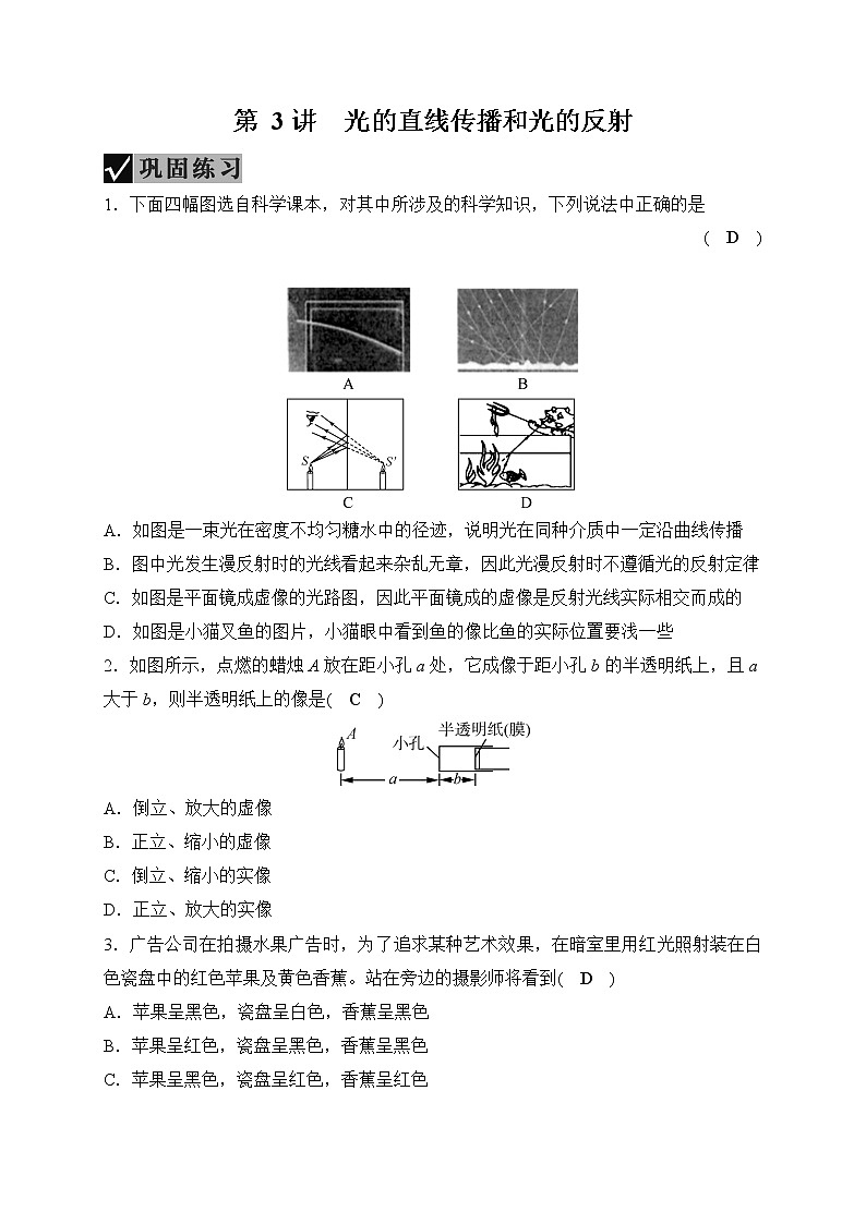 备战2022 中考科学 一轮复习 第4部分 第3讲　光的直线传播和光的反射 同步练习01