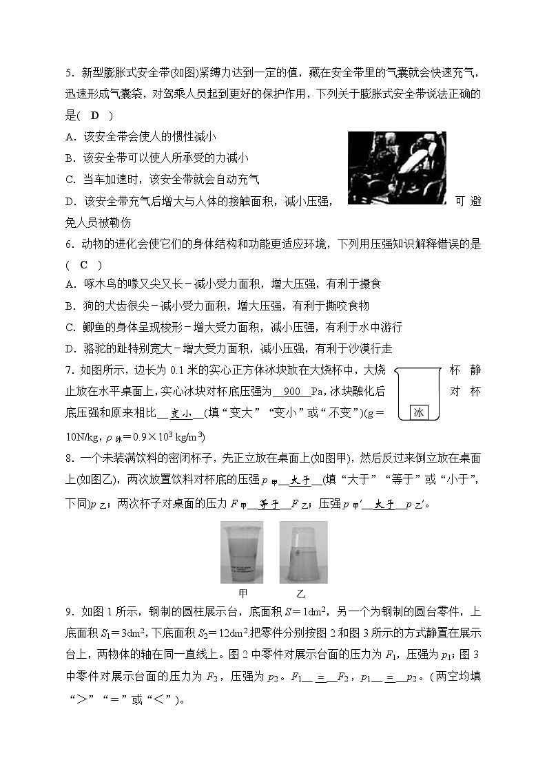 备战2022 中考科学 一轮复习 第4部分 第7讲　压　强 同步练习02