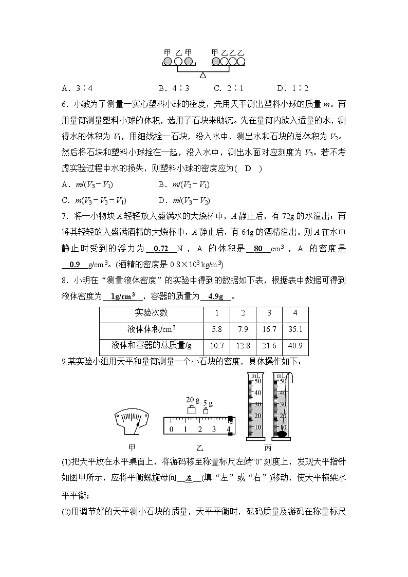 备战2022 中考科学 一轮复习 第4部分 第1讲　物质的密度—巩固练习（教师版）第2页