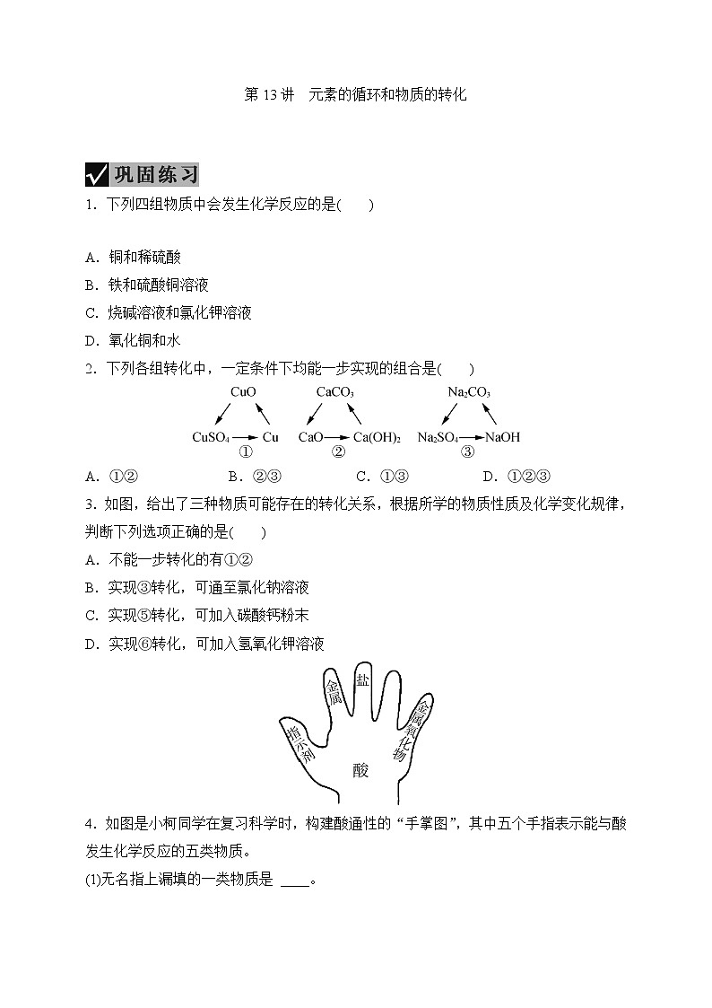 备战2022 中考科学 一轮复习 第3部分 第13讲　元素的循环和物质的转化 同步练习01
